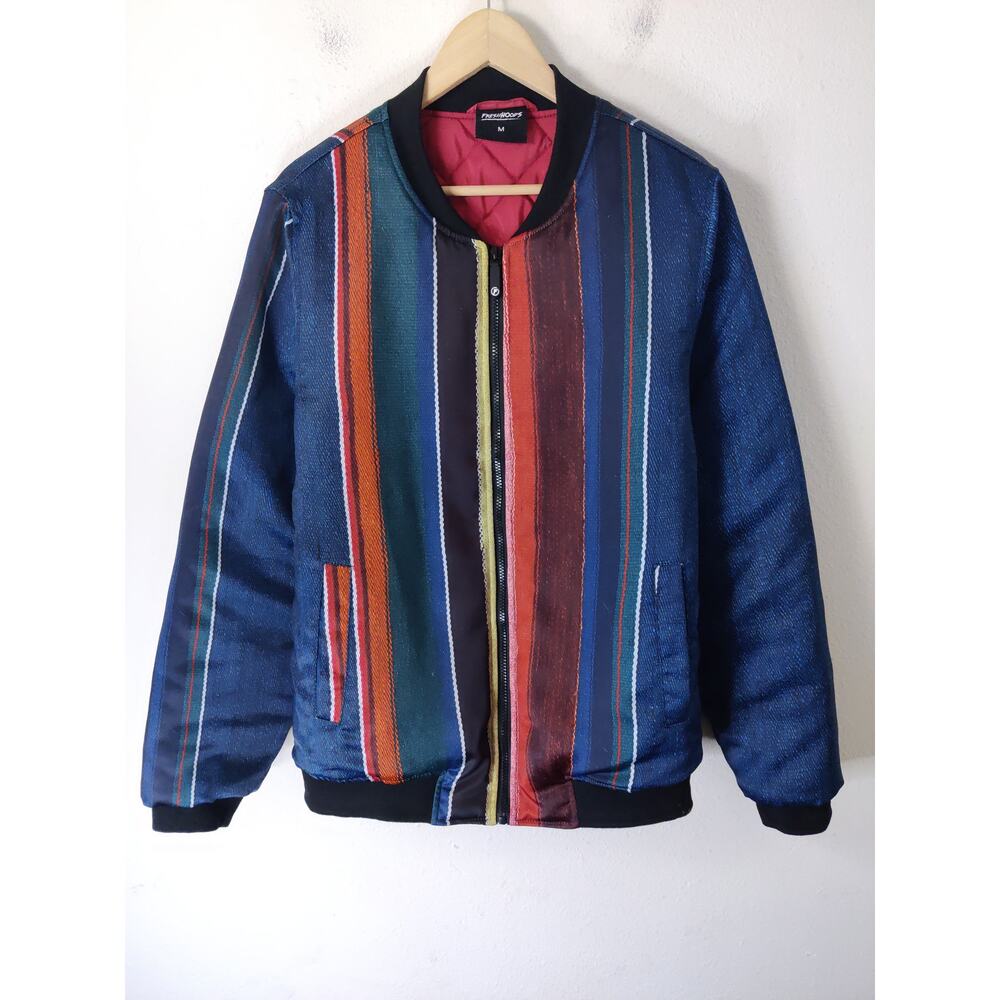 FreshHoods Men's Blue & Red Striped Full Zip Insulated Bomber Jacket Size M
